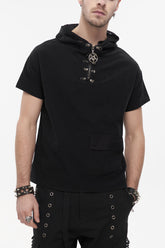 Black Hooded Mesh Splice Zipper Back Openwork Lace-Up Casual Short Sleeve Men's Punk T-Shirt